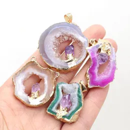 Pendant Necklaces Natural Agate Stone Gem Gilt Edge Amethyst Handmade Crafts Necklace Bracelet Earring Accessories For Woman Size 27x40mm