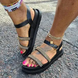 Sandalet yaz kadın moda açık açık ayak parmağı kadın gündelik zarif altın zincir toka kayışı bayan düz sandaletler