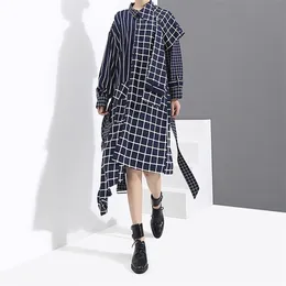 New Autumn Winter Woman Blue Asymmetrical Plaid Shirt Dress & Sashes Long Sleeve Ladies Stylish Party Dress Robe Femme 3209 201008