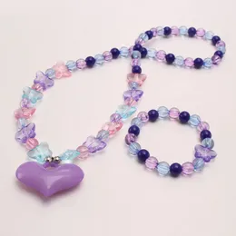 Girls Jewelry Set Purple Heart Pendant Necklace Beaded Bracelets Acrylic Butterfly Beads Chokers For Baby Kids Gifts