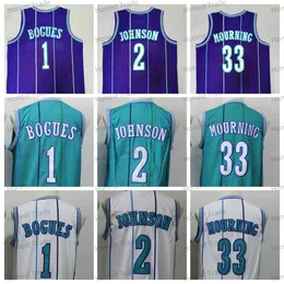 Retro Men Basketball Man Tyrone 1 Muggsy Bogues Maglie vintage 33 Mourning Glen 41 Rice Larry 2 Johnson Dell 30 Alonzo Maglia da basket cucita verde viola