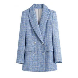 Women's Suits & Blazers Chaqueta Azul De Tweed Con Doble Botonadura Para Mujer Abrigo Oficina Manga Larga Bolsillos 2022