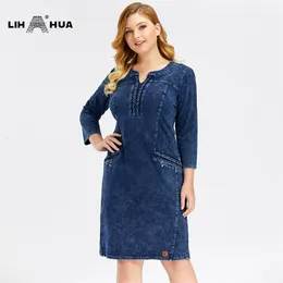 Vestido de jeans de jeans de tamanho feminino lih hua hua vestidos de jeans de jeans de jeans slim fit casual ombrejas midi vestido 220527