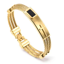 Gold Silver 316L Stainless Steel Multilayer Cable Wire Cuff Bangle Cross ID Bracelet For Mens Women