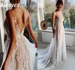 Cinghie senza spalline Pizzo A Line Abito da sposa Boho Sexy Backless Scollo a V Abiti da sposa Per le donne Sweep Train Vestidos De Novia Delicato Abito da matrimonio CL0210