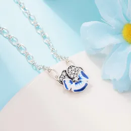 925 Sterling Silver Blue Pansy Flower Pendant Necklace Chain For Women Men Fit Pandora Style Necklaces Gift Jewelry 390770C01-50