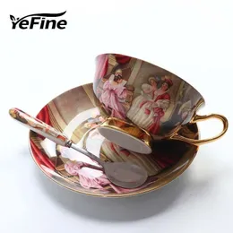 Yefine Wysokiej jakości kostne filiżanki do kawy z kawy Vintage Ceramic Onglazed Advanced Tea and Soucers Sets Luksusowe prezenty Y200106