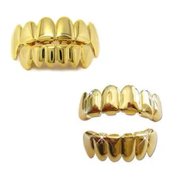 8 tänder hiphop grillz 14k guld topp och botten kroppsmunngrillar set med extra gjutstänger