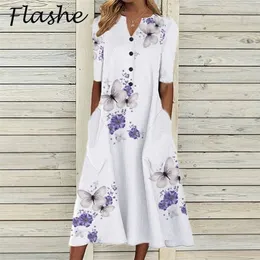 Elegante Frauen Kleider V-ausschnitt Kurzarm Taste Party Sommer Vintage Print Casual Lose Blume Damen 220629