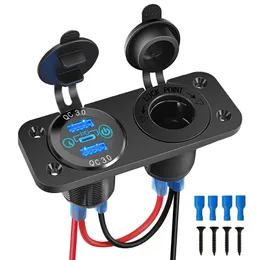 12V USB C Car Charger Cigarette Lighter Socket Triple USB Outlets PD & QC3.0 Car Socket with Touch Power Switch for Car Marine