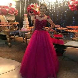 Fuchsia Perlen Top Prinzessin A-Linie Abendkleider Flügelärmel Illusion Rücken Dubai Arabisch Formelle Ballkleider