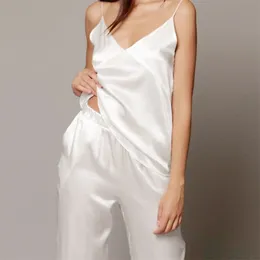 Hechan branco preto cetim sexy pijamas mulheres v pescoço espaguete cinta solta calças íntimas lingerie feminino conjunto homewear casual 220321