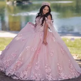 vestidos de xv años różowe sukienki Quinceanera z warp koronkowym gorsetem frezowanie kwiatowe meksykańskie szesnastu suknie Promów Princess