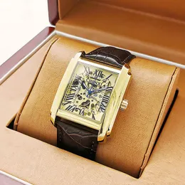 Watch Boxes & Cases Square Retro Men's Gold Casual Waterproof Hollow Automatic Mechanical MenWatch