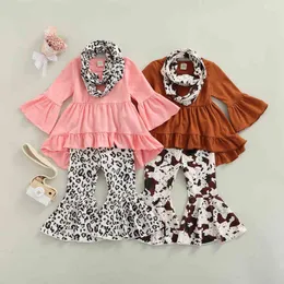 Citgeett Autumn Kid Girl Suit Long Ruffle Sleeve one-lined tops wide 염료 인쇄 캐주얼 바지 남자 스카프 의류 세트 J220711