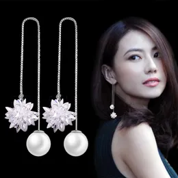 Dangle & Chandelier Women's Long Snowflake Ear Chains Zircon Ball Pearl Earrings Crystal Versatile Sweet Silver Plated WiresDangle Dangl