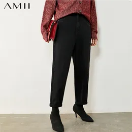 amiiミニマリズム秋のジーンズ女性のためのファッション因果固体ハイウエストルーズアンケルレングスパンツ女性12040688 201029