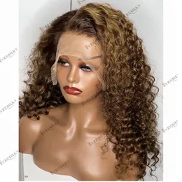 Natural Hairline Kinky Curly Highlight Human Hair 13x6 Lace Front Wig Brown Base 200 Density Remy Brazilian HD Transparent Full Lace 360 Frontal