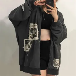 Winter Women's Street Brown Graffiti Print Zip Tops Vintage Hoodie Sweatshirts Capuzes Kawaii Blush Grunge Y2K Jackets 220804