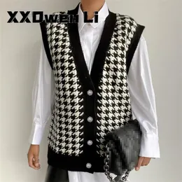 Ull väst cardigans kvinna höst vinter houndstooth casual svart ärmlös tröja kvinnor lös stickad mode jumper 220316