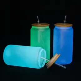 US Warehouse 16oz sublimering Glödande glasmuggar fluorescens vattenflaska med bambu lock dricker halm cola kan soda cup kaffemuggar b6