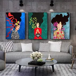 ビンテージ抽象的な女の子髪の花の女性の壁の芸術キャンバス絵画ファッションノルディックポスター写真のための居間のための婚約者のためのredramed W220425