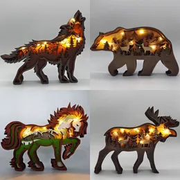 Home Decoration Wooden Hollowed Small Wolf LED Light Decor Desktop Ornaments Christmas Gift Animal Statue 220523