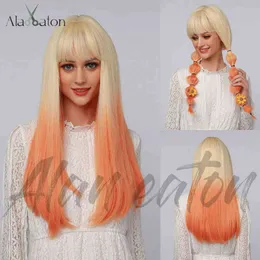 Wig Female Orange Gradient Qi Bangs Long Straight Wig Cosplay Party Lady 220527