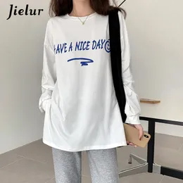 Jielur, estilo coreano, letra de manga longa camiseta camisa de fundo branco mulheres outono harajuku solto split top feminino 220615