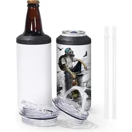 16 OZ Sublimation Can Cooler Tumblers Blanks Adattatore isolante per lattine 4 in 1 con coperchio a prova di perdite Cannuccia di plastica, dispositivo di raffreddamento in acciaio inossidabile sxa27