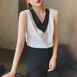 Casual V Neck Splice Sexig Solid Satin Woman Camis Tank Topps Render Chiffon Sleeveless Ole Top Halter 210507