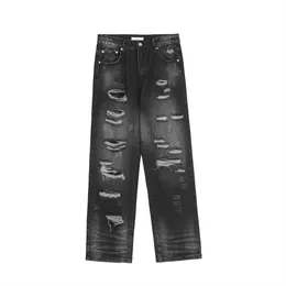 Homens rasgados jeans negros homens retos buraco de alta qualidade calça de jeans de alta qualidade para homens para masculino