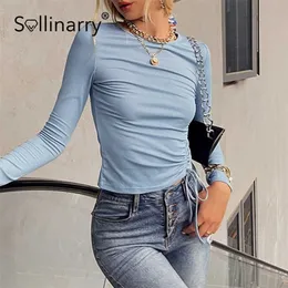 Sollinary Autunno O-Collo maglione lavorato a maglia camicia da donna Moda pullover con coulisse T-shirt Office lady maniche lunghe top elastico 210709