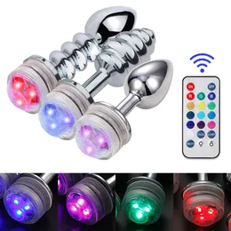 Metal Anal Plug Remote Control Misfärgning LED Light Beads Prostate Massager Dildo Butt Sexiga leksaker för män Kvinnor Skönhetsartiklar