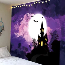 Horror House Tapestry Under the Moon Halloween Hippie Decoration Carpet Bedroom Decorati J220804