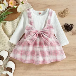 2st Baby Girls Clothing Set Plaid Bowknot Splicing White Long-Sleeve Pink Checkered Kids Romper Bow Dress Set 1063 E3