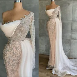 2022 Luxurious Beadings Mermaid Evening Dresses Arabic Dubai One Shoulder Illusion Long Sleeve With Detachable Skirt Long Party Occasion Gowns Formal Prom C0418