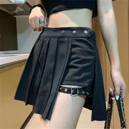 Gotisk harajuku veckade kjolar kvinnor med ben ring svart hög midja kort kjol sommar punk casual mini 210306