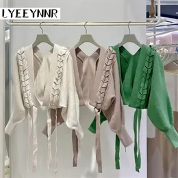 LYEEYNNR Japan Style Knitted Cardigan Women Spring Arrival Solid Color Bandage Sweaters Vneck Batwing Sleeve Modis Jumpers 220817