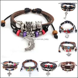 Charm Bracelets Leather Bracelet For Women Mens Bangles Hand Woven Braided Rope Genuine Chain Bead Infinity Baby Dhbn9