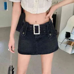 Houzhou Sexy Punk Denim Micro Salia Mulheres Y2K Skort Verão Cinturão coreana Cintura baixa Salia preta de jeans Bortos Egirl Streetwear T220819