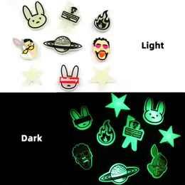 MOQ 50PCS Bad Bunny pattern glow in the dark croc JIBZ charms Luminous 2D pvc Shoe accessories Decorations fluorescent clog pins Shoes Buckles charms fit kids Sandals