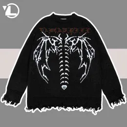 Hip Hop Frayed Knitted Sweater Men Letter Bat Skeleton Print Gothic Pullover Women Autumn Harajuku Streetwear Punk Warm Sweaters T220730