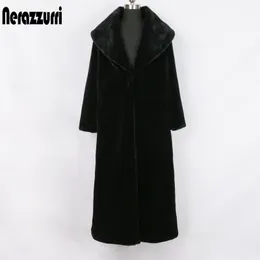 Nerazzurri Long Black Winter Faux Fur Coat Women Sleeve Roundown Twhow Fluffy Sheared Mink Overcoat 5XL 201029