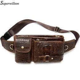 Soperwillton Pattern Waist Packs Men Genuine Leather Cow Leather Waist Bags Vintage Fanny Pack Man Belt Bags Phone Bag 201117