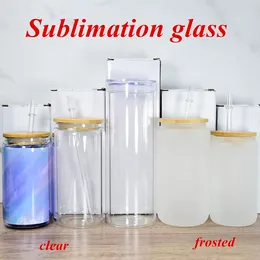 12oz 16oz sublimatie glazen tuimelaar helder mat bierglas kan cup met bamboe deksel herbruikbaar plastic stro transparant matmason jar sxa13