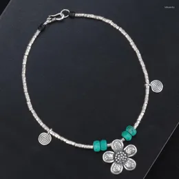 Anklets Hand Made 925 Sterling Silver Flower Chain Bracelet On The Leg Vintage Ethnic Turquoise Bead Woman Foot Jewelry JL004Anklets Kirk22