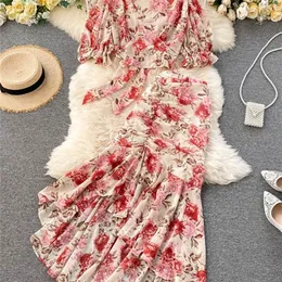 Bohemian PinkBlue Floral Print Chiffon 2pcs Set Women Summer Bandage Short Tops High Waist Mermaid Skirt Female Sets 220602