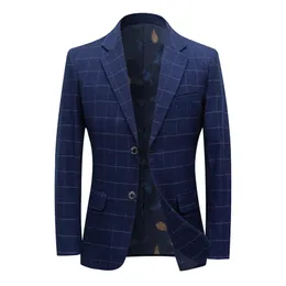 Blå Plaid Blazer Högkvalitativ British Style Mäns Business Suit Wedding Blazer Men Slim Suit Jacket Fit Fashion Herrkläder 220409