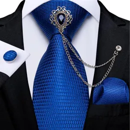 Papillon Solid Blue Gold Plaid per uomo Business Wedding Party Cravatta da uomo Gemelli Set spilla di lusso Catena regalo MenBow